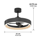 Circular black ceiling fan with integrated LED light and wood accent, measuring 61 cm (24.02 in) in diameter and 42.72 cm (16.82 in) in height, with arrows indicating the dimensions.