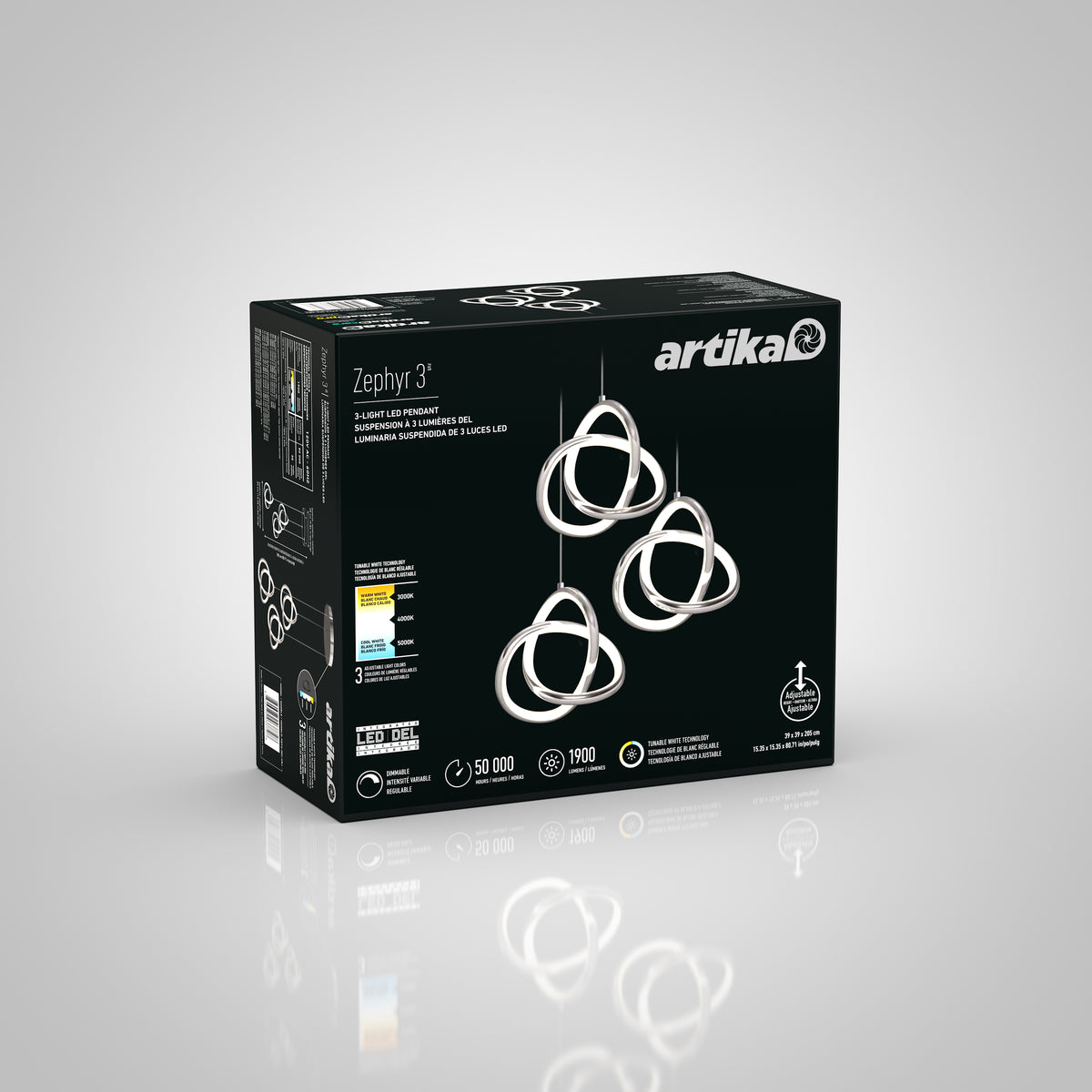 A black box for the Artika Zephyr 3-light LED pendant, showcasing three interlocking rings on the front, plus product specs and energy details on the side, set against a plain gray background.