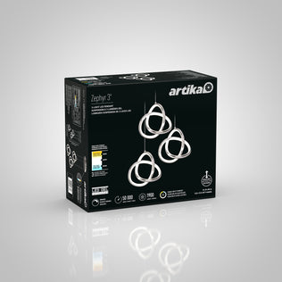 A black box for the Artika Zephyr 3-light LED pendant, showcasing three interlocking rings on the front, plus product specs and energy details on the side, set against a plain gray background.