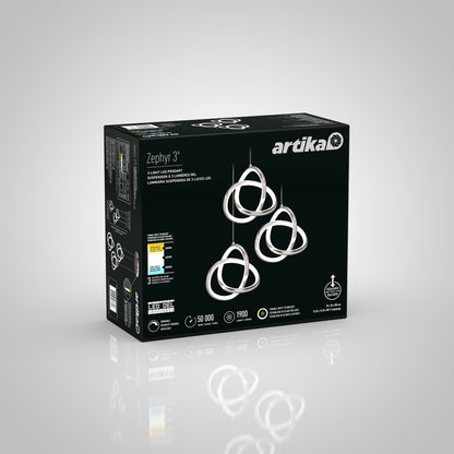 A black box of Artika Zephyr 3 LED pendant lights, featuring images of three intertwined modern ring lights, product specs, and energy information.