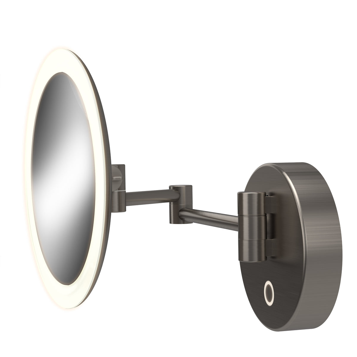 A round, wall-mounted, adjustable vanity mirror with an LED light ring around the edge and a brushed metal finish. The mirror is attached to an extendable arm connected to a circular wall mount.