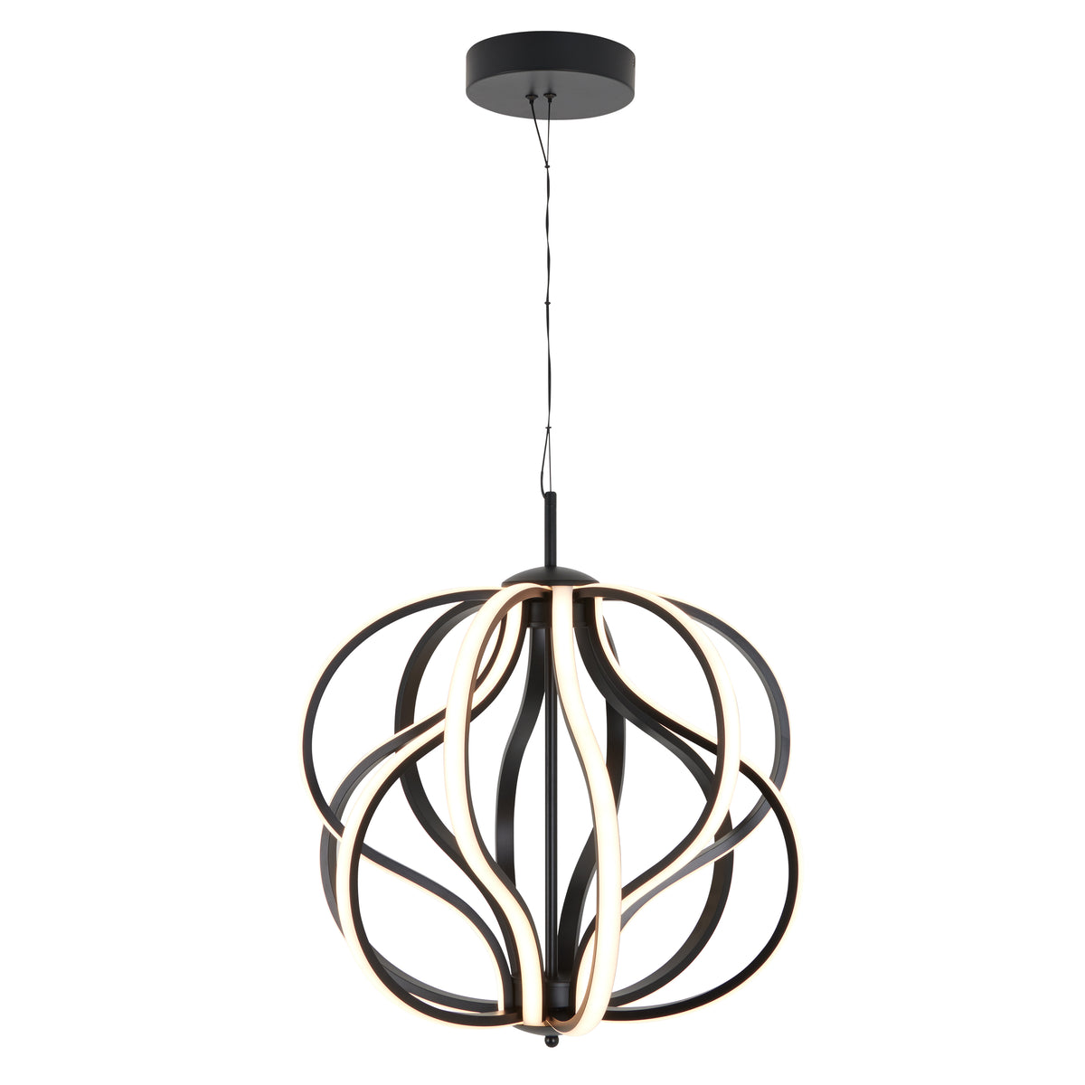 Modern pendant light with curved, black metal bands and integrated LED strips, forming an abstract, spherical shape. The fixture hangs from a thin cord attached to a round ceiling mount.