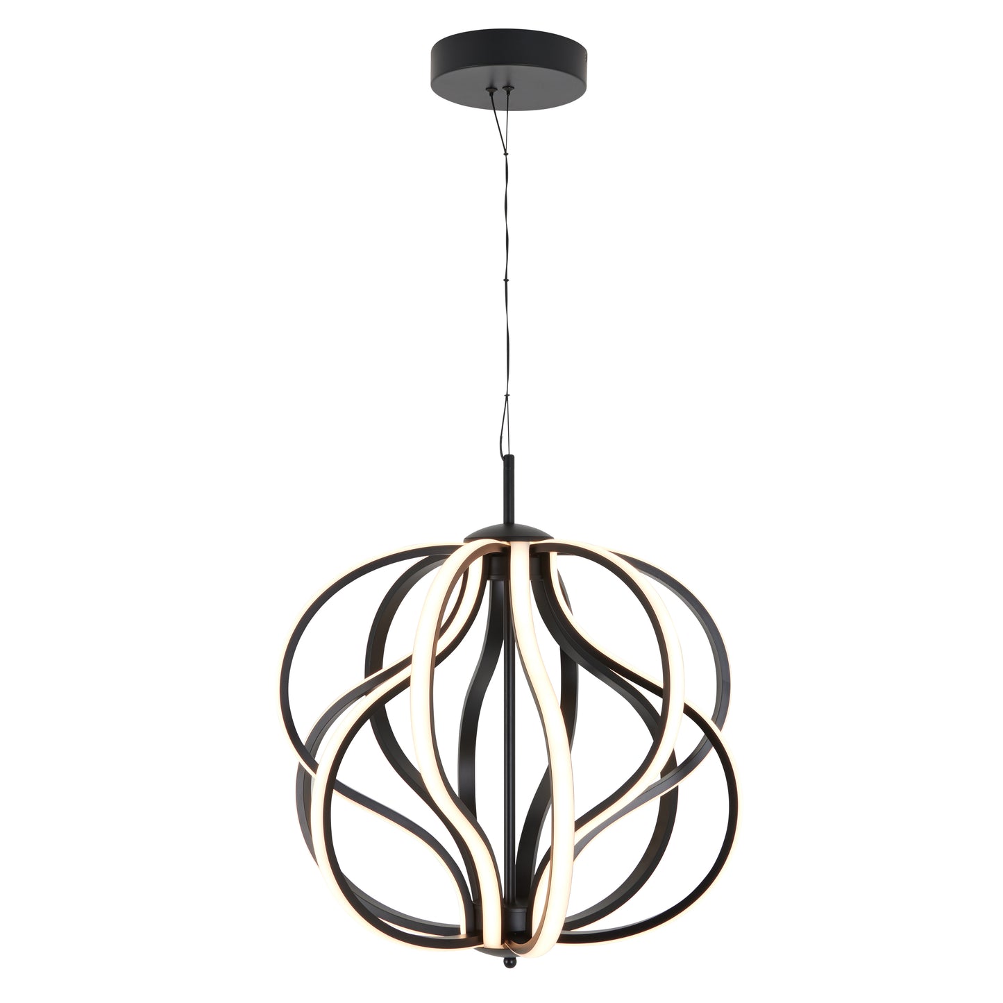 The Meridian LED pendant light by Artika features curved black metal bands in an abstract sphere, with integrated LED strips for a soft, warm glow. It hangs from a black ceiling mount by a slim cord.