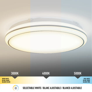 The Artika Emina 13 in. LED flush mount light offers three selectable color temperatures (3000K, 4000K, 5000K). "Selectable White" is displayed in English, French, and Spanish with icons and text.