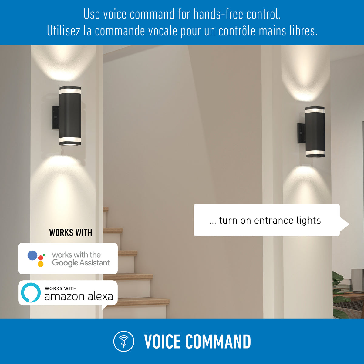 A modern hallway with lit Stark LED lights by Artika and stairs; text above says, “Use voice command for hands-free control.” Google Assistant and Amazon Alexa logos show wi-fi compatibility for entrance lighting.