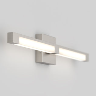 The Artika Tivoli modern LED bathroom vanity light 5 CCT features a rectangular brushed metal design with a horizontal light bar, adjustable lighting, and emits a soft white glow when wall-mounted.