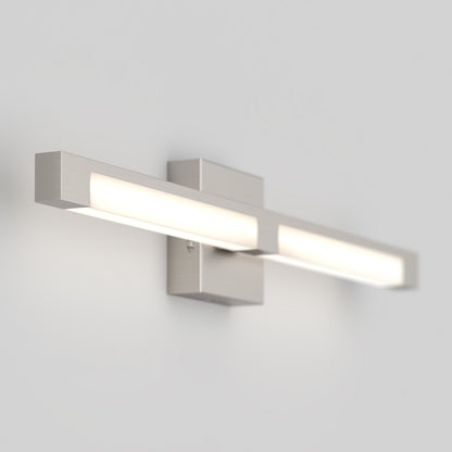 The Artika Tivoli modern LED bathroom vanity light 5 CCT features a rectangular brushed metal design with a horizontal light bar, adjustable lighting, and emits a soft white glow when wall-mounted.