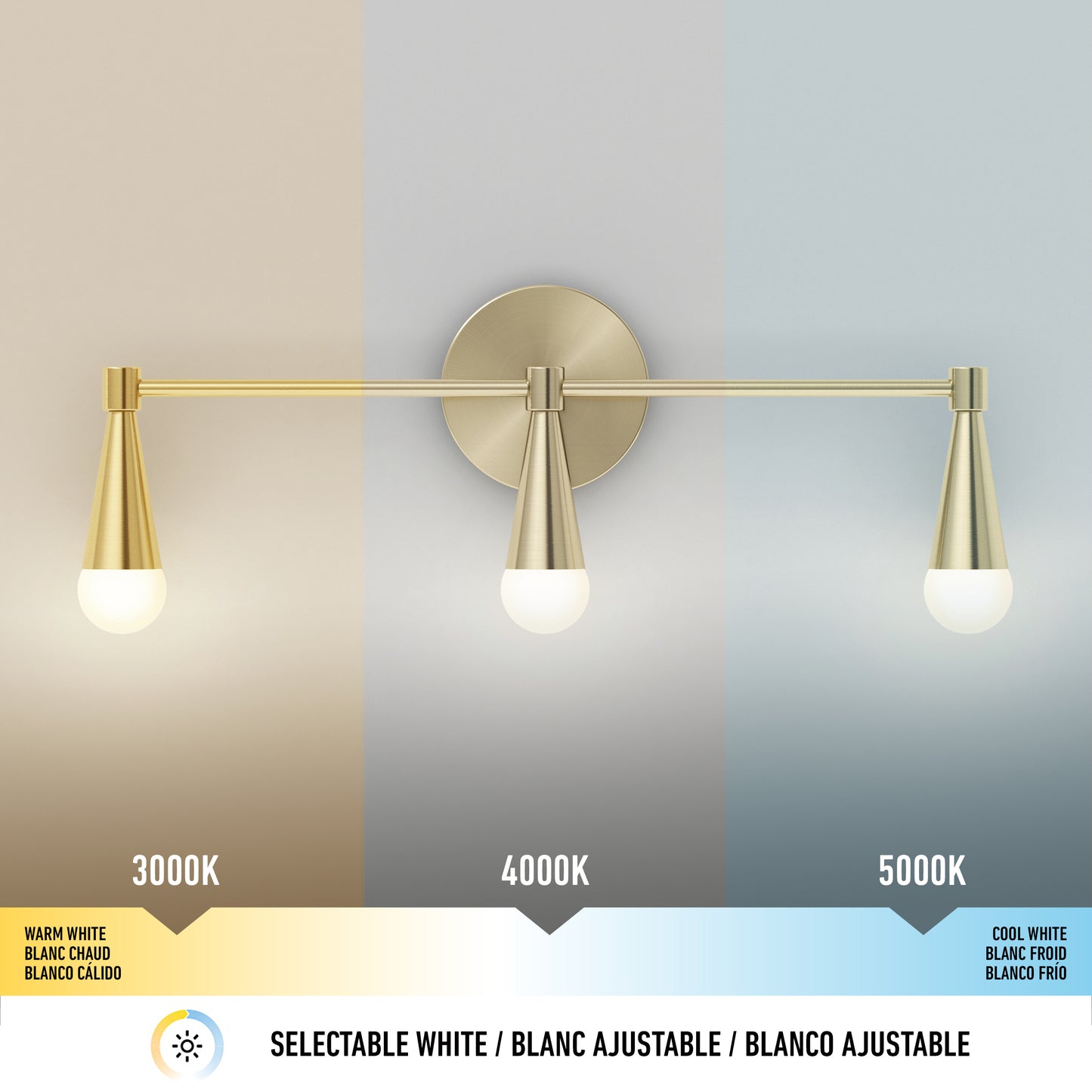 The Artika Wayden LED mid-century bathroom vanity light 3 CCT displays three color temperatures: warm white (3000K) on the left, neutral white (4000K) in the middle, and cool white (5000K) on the right, each with matching background shades.