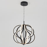 A modern pendant light with curved black metal bands and integrated LED strips forming an abstract, spherical shape, suspended from a black ceiling mount by a thin cord.