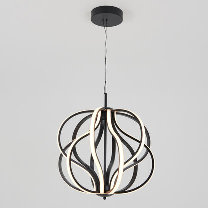 The Artika Meridian LED pendant light features curved, looping black metal bands with integrated LED strips, suspended from a black ceiling mount against a plain light gray background.
