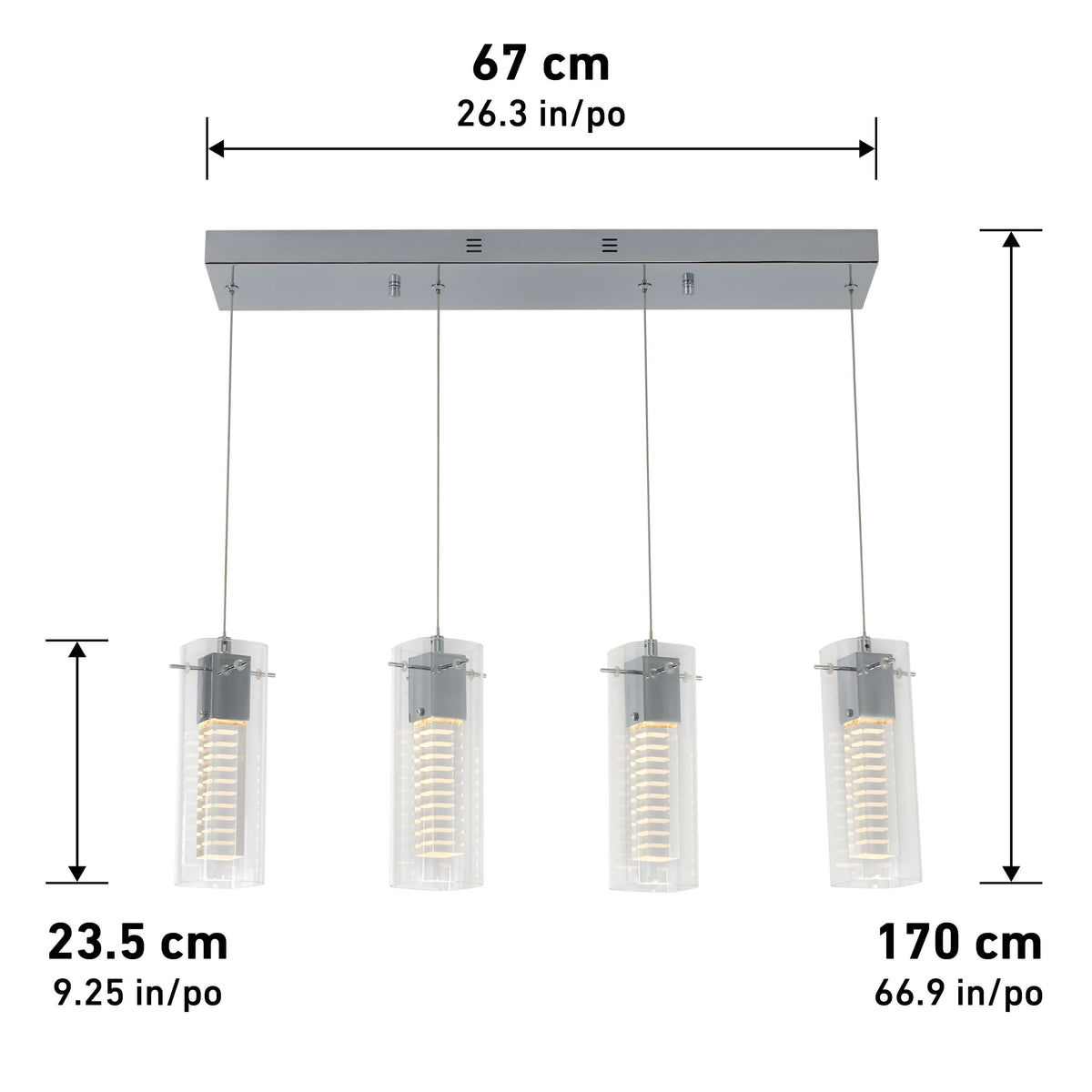 The Artika Hologram 4-light LED pendant features a rectangular ceiling fixture with four hanging glass lights. Dimensions: width 67 cm (26.3 in), pendant diameter 23.5 cm (9.25 in), cable length 170 cm (66.9 in). Black arrows show sizes.