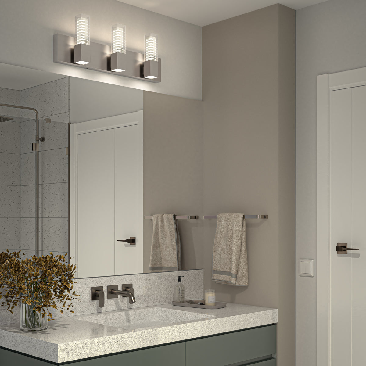 Modern bathroom with large mirror, Artika Hologram LED vanity light, towels on racks, and a plant on the countertop.