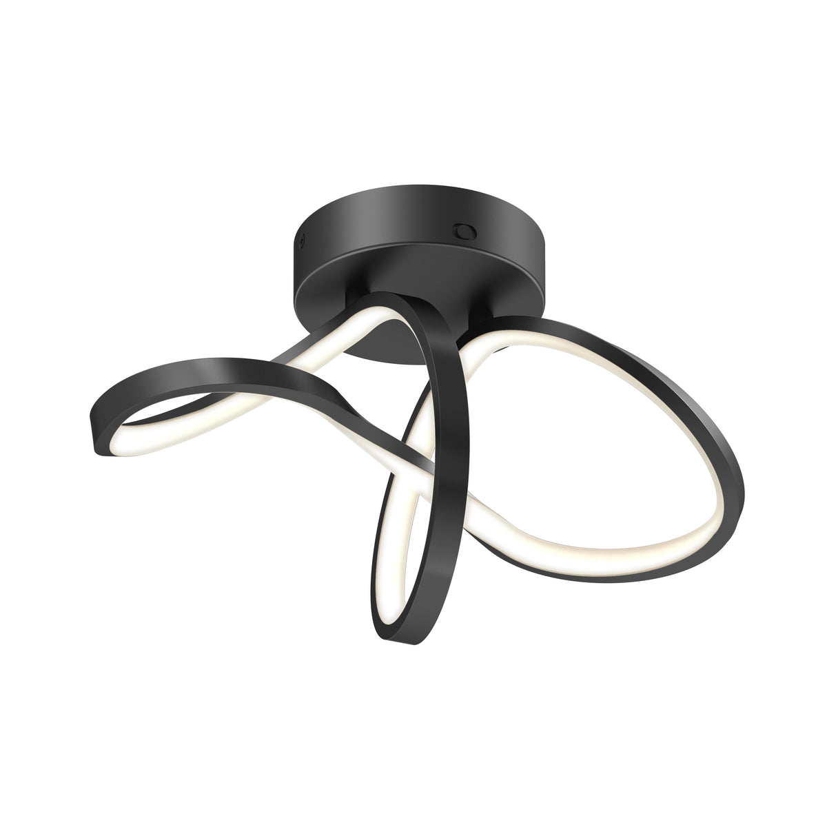 Modern black ceiling light fixture with three twisted, looping LED arms, mounted on a circular base. The fixture has a sleek, contemporary design and emits a soft white glow from the integrated LED strips.