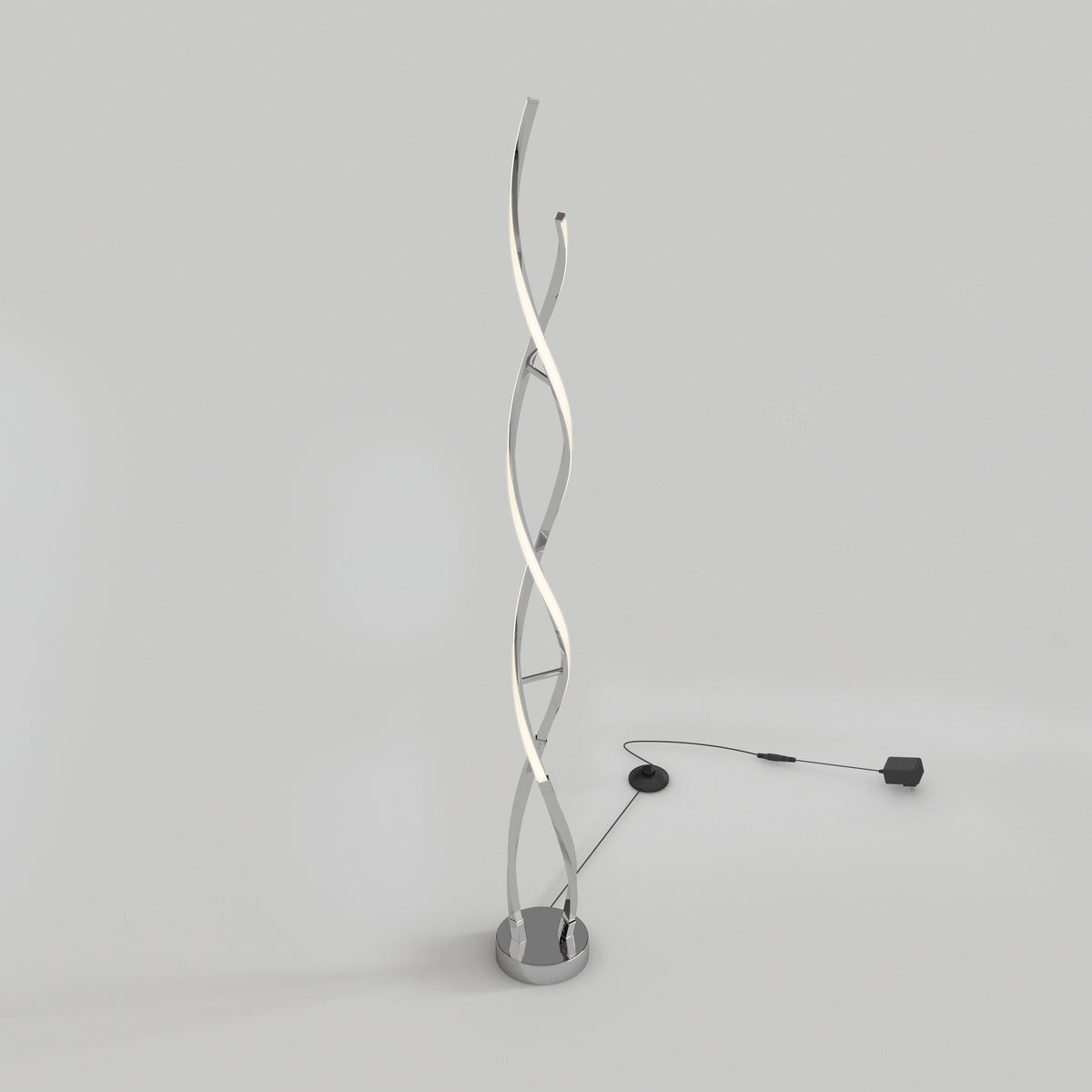 The Artika Swirl modern LED floor lamp features two twisting spiral light tubes on a round base with a black cord and power adapter, displayed against a plain light gray background.