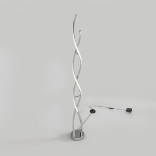 The Artika Swirl modern LED floor lamp features two twisting spiral light tubes on a round base with a black cord and power adapter, displayed against a plain light gray background.