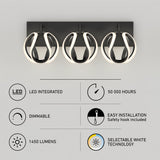 Modern light fixture with three circular LED lights on a rectangular base. Icons indicate features: LED integrated, 1450 lumens, dimmable, 50,000-hour lifespan, easy installation with safety hook, and selectable white technology.