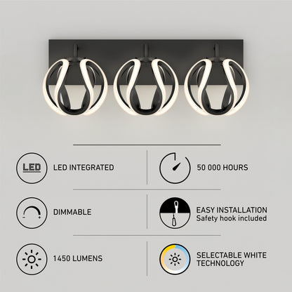 The Artika Vivaldi LED contemporary bathroom vanity light 3 CCT features three circular, dimmable lights with selectable white technology, delivering 1450 lumens, a 50,000-hour lifespan, and easy installation.