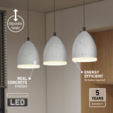 Three modern pendant lights with a real concrete finish hang at different heights in a room. Text highlights features: adjustable height, energy efficient, integrated LED, and 5-year warranty.