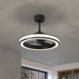 A modern ceiling fan with a circular LED light fixture is mounted on a concrete ceiling in a contemporary room with large windows and built-in wooden shelves.