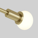 A close-up of a modern brass light fixture with a cylindrical arm and a round, frosted glass bulb, set against a plain gray background.