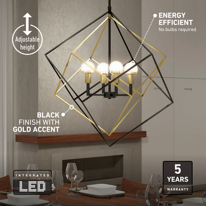 Peyton LED modern mid-century pendant light with nested black and gold square frames, four glowing bulbs, and labels for height, tech, and warranty.