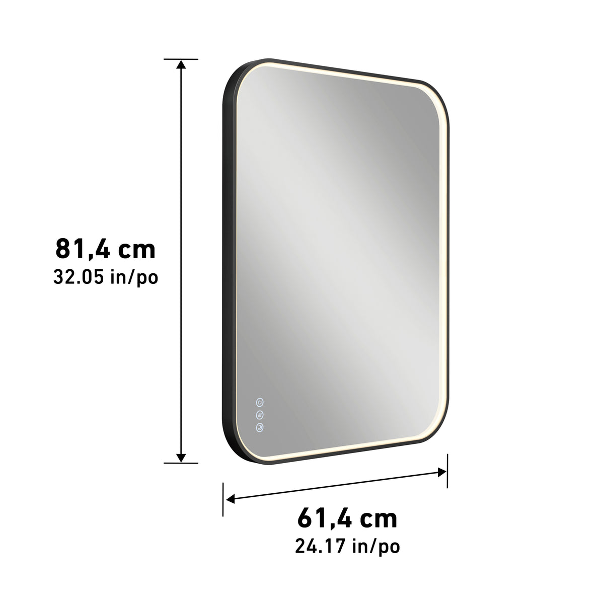 Rectangular wall mirror with rounded corners, measuring 81.4 cm (32.05 in) in height and 61.4 cm (24.17 in) in width. The mirror has a dark frame and three touch buttons on the bottom left.