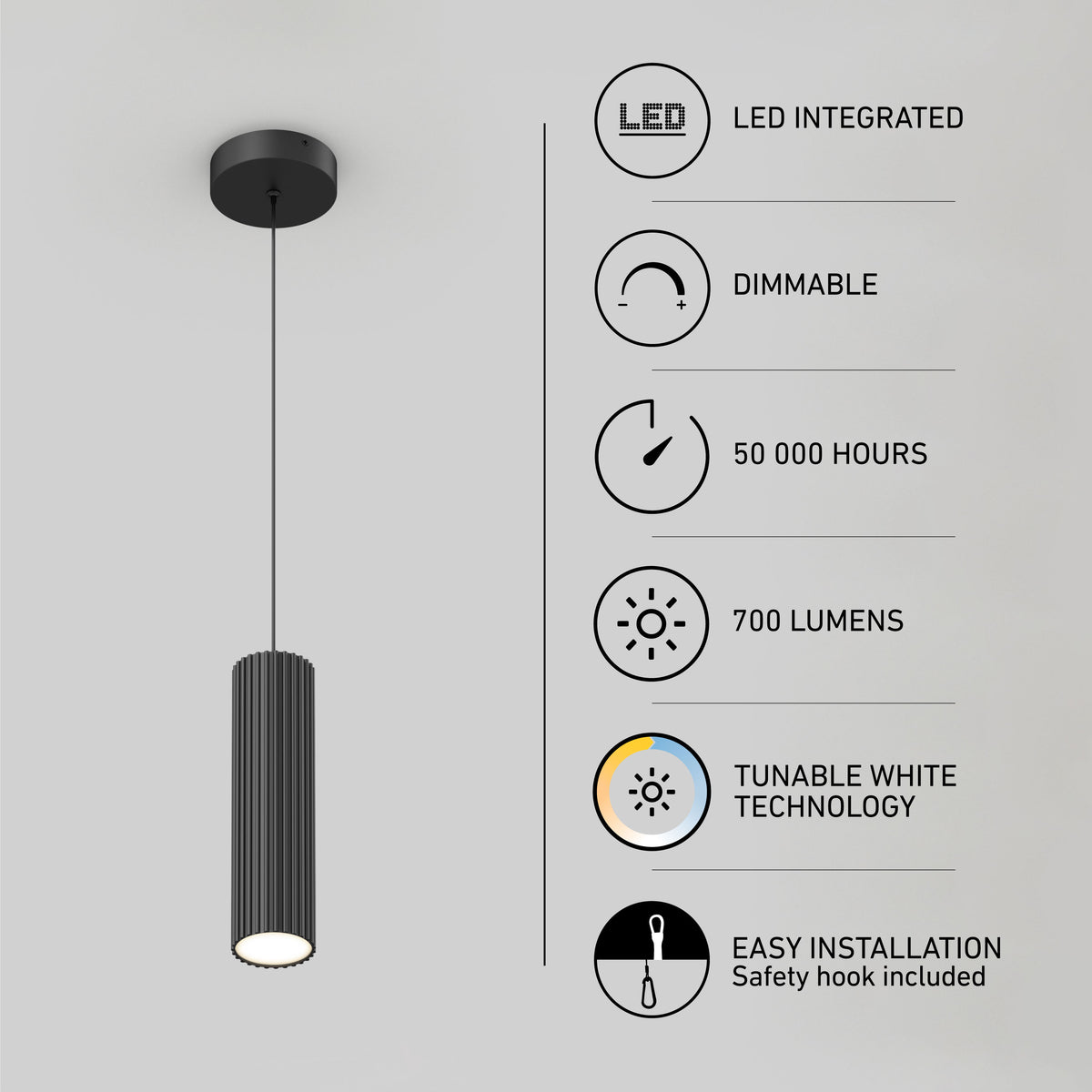 A modern black pendant light hangs from the ceiling. Next to it are icons with text: LED integrated, dimmable, 50,000 hours, 700 lumens, tunable white technology, and easy installation with safety hook included.