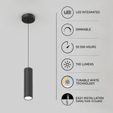 A modern black pendant light hangs from the ceiling. Next to it are icons with text: LED integrated, dimmable, 50,000 hours, 700 lumens, tunable white technology, and easy installation with safety hook included.