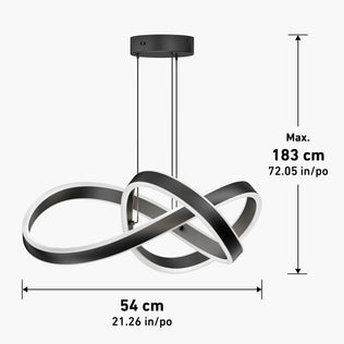 The Artika Bolero LED pendant light 5 CCT features a modern black and white infinity loop design, adjustable up to 183 cm (72.05 in) in height and 54 cm (21.26 in) wide, suspended from a ceiling mount.