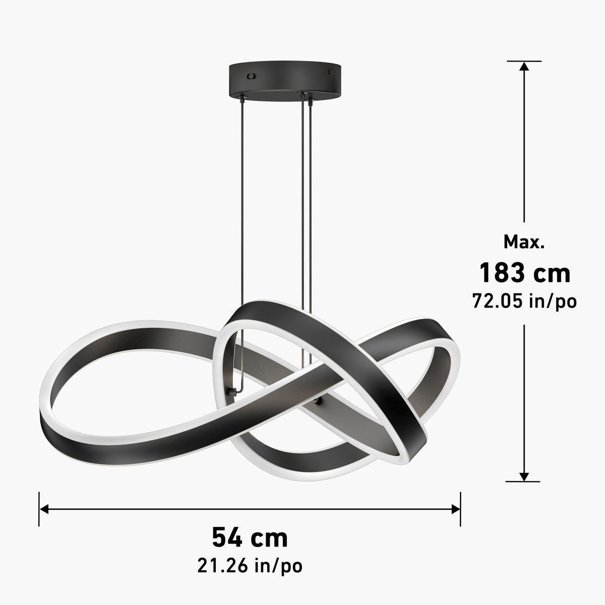 Modern black and white LED pendant light with an infinity loop design, suspended by two cables. Dimensions: width 54 cm (21.26 in), maximum height 183 cm (72.05 in).