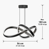 Modern black and white LED pendant light with an infinity loop design, suspended by two cables. Dimensions: width 54 cm (21.26 in), maximum height 183 cm (72.05 in).