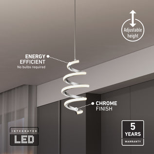 The Artika Chorus 1-light LED pendant 5 CCT features a modern spiral design, chrome finish, adjustable height, integrated energy-efficient LED, and comes with a 5-year warranty.