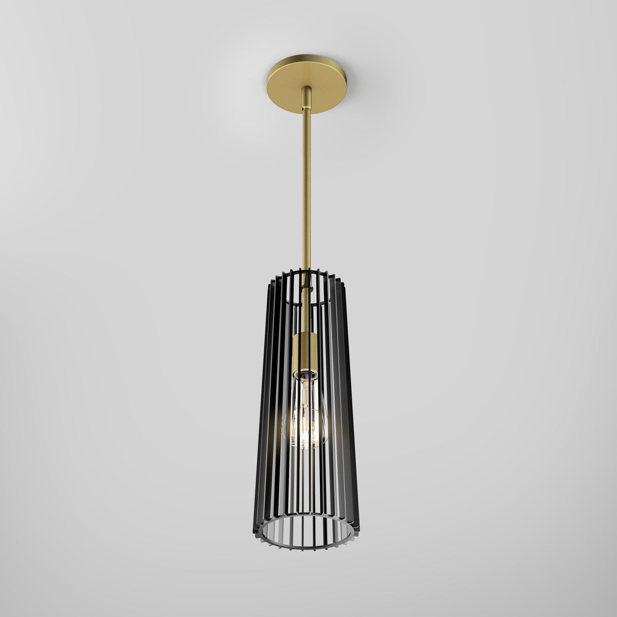 A modern pendant light with a gold ceiling mount and rod, featuring a cylindrical black metal cage shade surrounding a visible light bulb, against a plain white background.