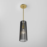 A modern pendant light with a gold ceiling mount and rod, featuring a cylindrical black metal cage shade surrounding a visible light bulb, against a plain white background.