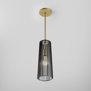 The Artika Gatsby Mini modern mid-century pendant light features a gold fixture and cylindrical black metal cage shade with an exposed bulb, shown against a plain white background.
