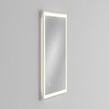 A rectangular wall-mounted mirror with illuminated LED light strips along its edges, set against a plain light gray background. The mirror has a modern, minimalistic design.