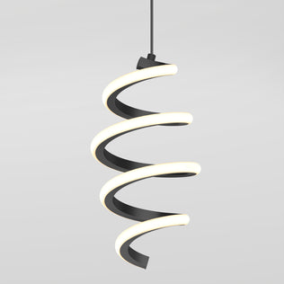 The Artika Chorus 1-light LED pendant (5 CCT) features a modern spiral design with a black frame, integrated adjustable white LED, and emits a soft glow while suspended from the ceiling against a light gray background.