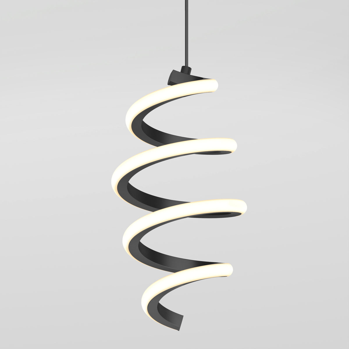 A modern pendant light with a spiraling, ribbon-like design in black and glowing white, hanging from a cord against a plain light gray background.