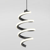 A modern pendant light with a spiraling, ribbon-like design in black and glowing white, hanging from a cord against a plain light gray background.