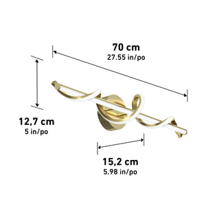 The Artika Coda modern LED bathroom vanity light 5 CCT features a gold and white twisted design, measuring 70 cm wide, 12.7 cm high, and 15.2 cm deep.