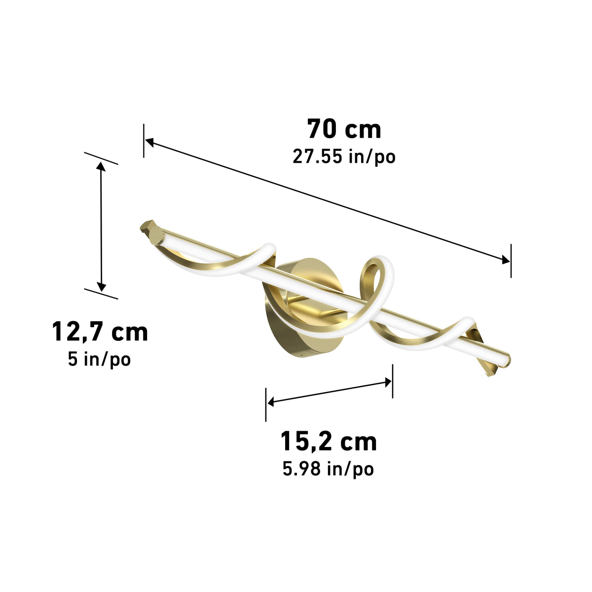 Gold and white modern wall light fixture with a twist design, shown with dimensions: 70 cm (27.55 in) wide, 12.7 cm (5 in) high, and 15.2 cm (5.98 in) deep.