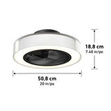 Modern round LED ceiling light with a ribbed clear outer ring and a black inner section, shown with measurements: 18.8 cm (7.40 in) tall and 50.8 cm (20 in) wide.