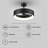 Modern black ceiling fan with integrated LED light, featuring icons and text highlighting its features: LED integrated, 2000 lumens, dimmable, quiet motor, and 50,000 hours lifespan.