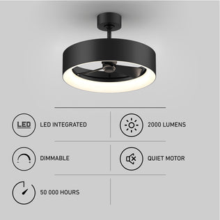 The Artika Aiden 24 in. LED modern ceiling fan features an integrated LED ring, 2000 lumens, dimmable light, quiet motor with 3 speeds, remote control, and a long-lasting 50,000-hour lifespan.