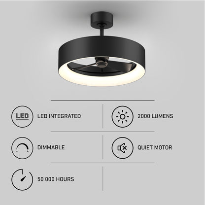 The Artika Aiden 24 in. LED modern ceiling fan features an integrated LED ring, 2000 lumens, dimmable light, quiet motor with 3 speeds, remote control, and a long-lasting 50,000-hour lifespan.