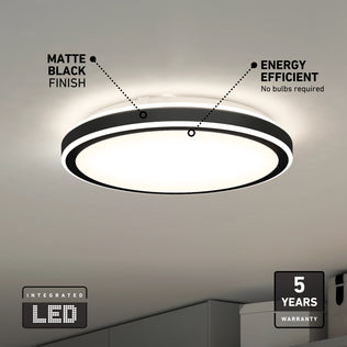 Artika Altitude 15in. Modern LED Flush Mount Ceiling Light, 5 CCT, black rim. Includes finish, efficiency, and warranty details.