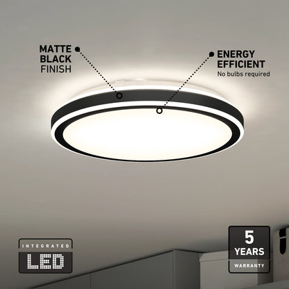 Artika Altitude 15in. Modern LED Flush Mount Ceiling Light, 5 CCT, black rim. Includes finish, efficiency, and warranty details.
