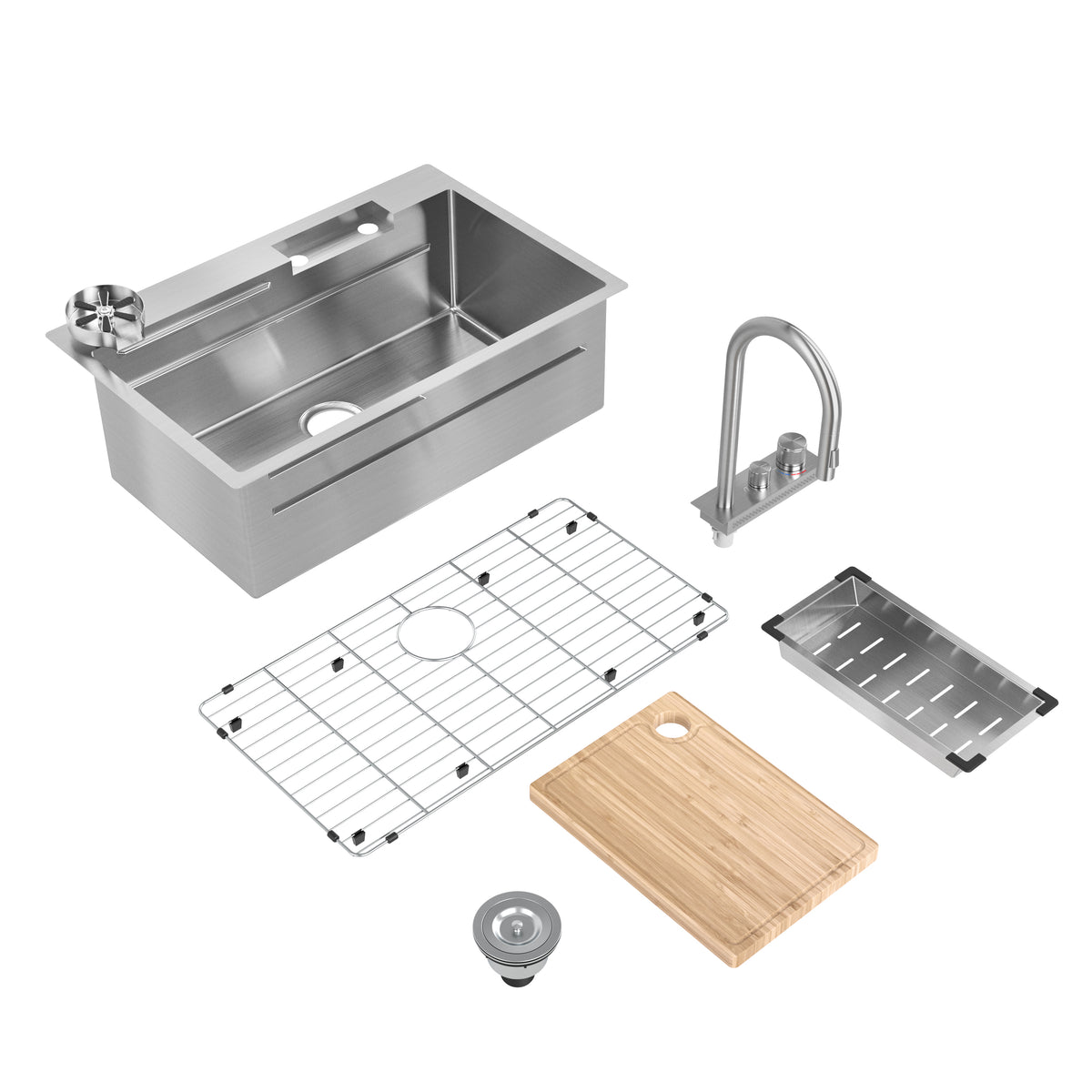 The Artika Neoflow single bowl 31 in. stainless steel workstation sink set includes a pull-down faucet, drain, metal rack, bamboo cutting board, colander, and strainer—neatly arranged on a white background.
