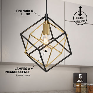 The Artika Imperium Single pendant light has a black & gold geometric frame, exposed bulb, and a French 5-year warranty—ideal for hallways.