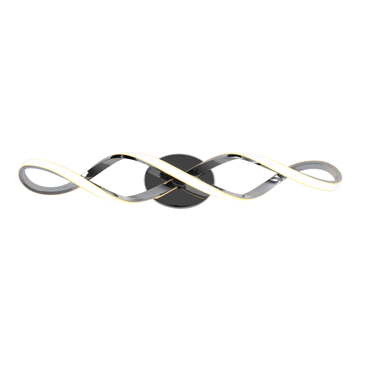 The Artika Swirl modern LED bathroom vanity light features two intertwined metallic arms and a circular black base, providing sleek, modern lighting with integrated LEDs that emit a soft white glow.